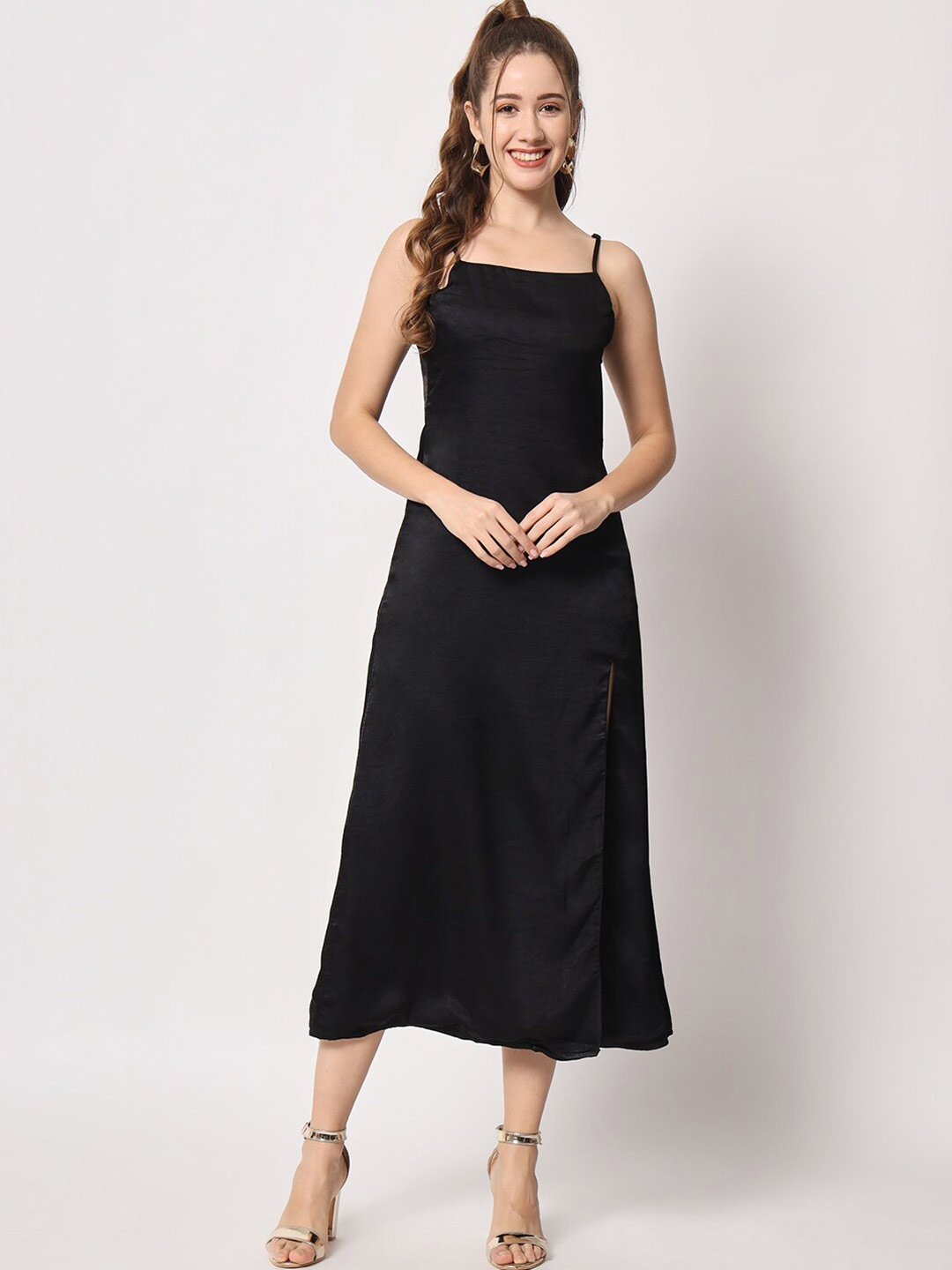 

D 'VESH Shoulder Straps Satin Midi Dress, Black