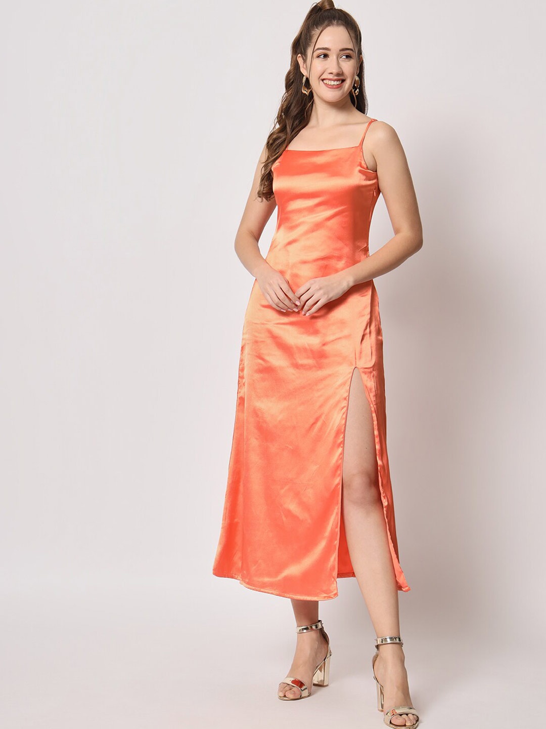 

D 'VESH Shoulder Straps Satin Midi Dress, Orange
