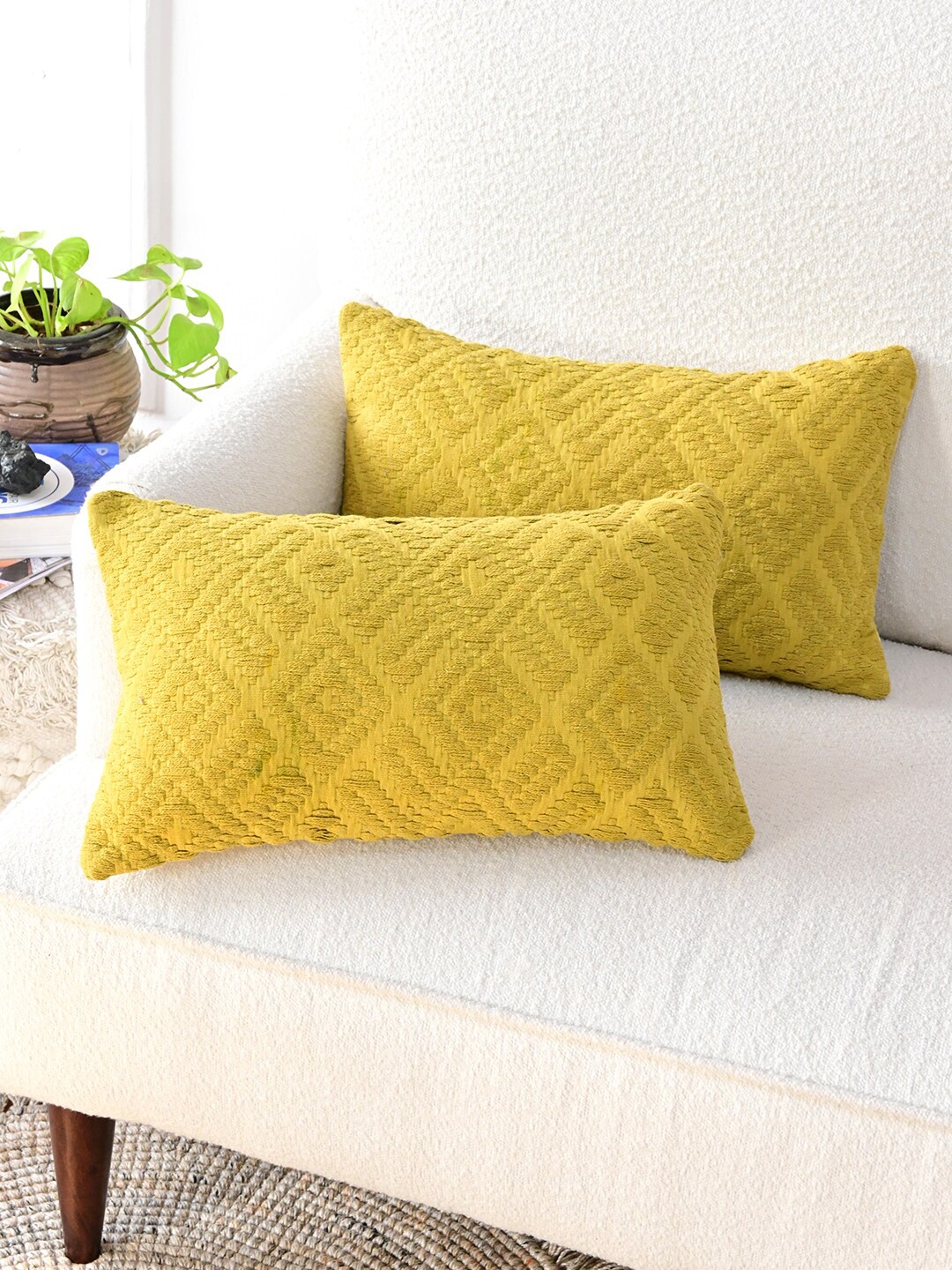 

Art Avenue Yellow & Beige Self Design Rectangle Cotton Cushion Cover