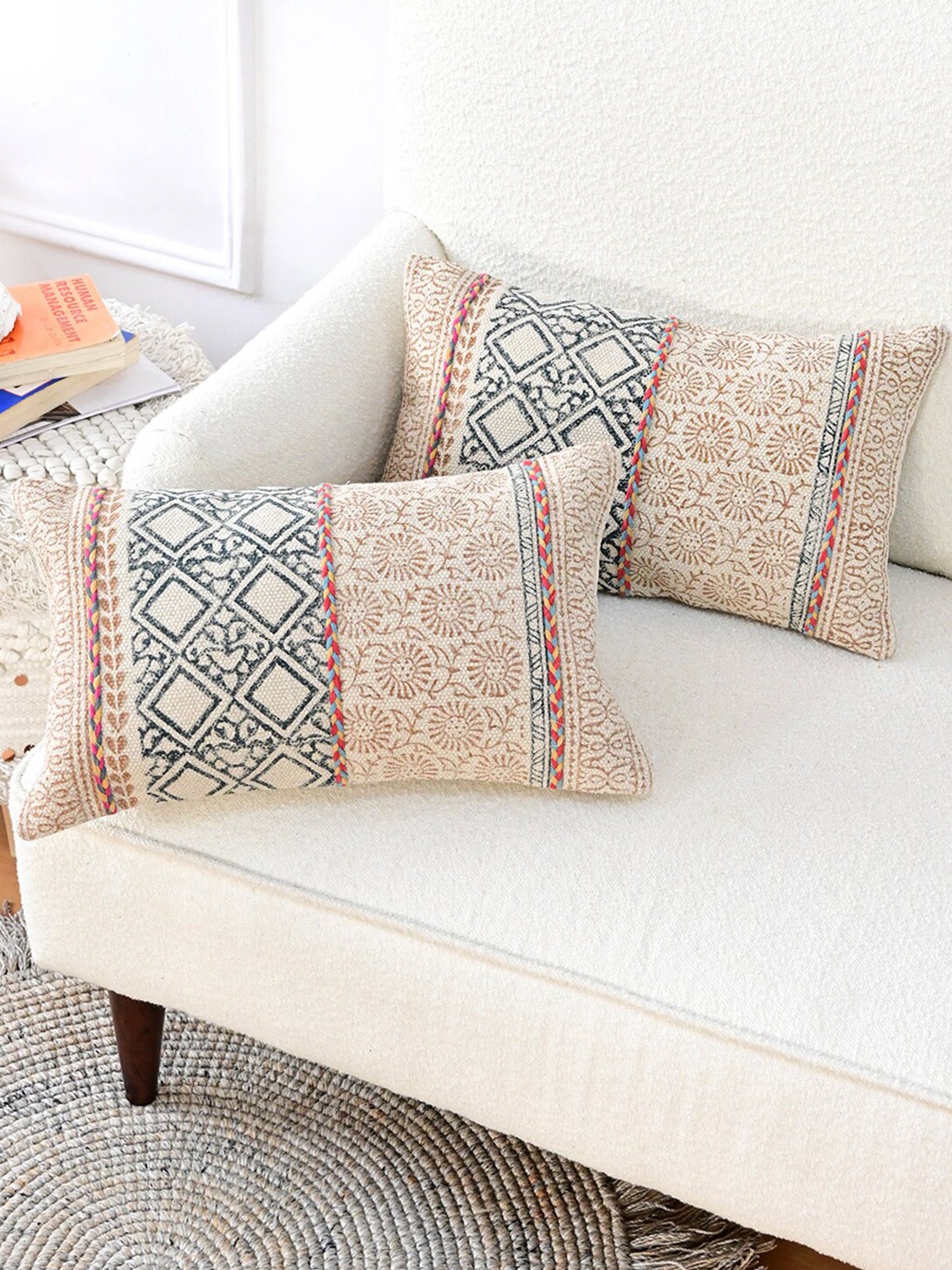 

Art Avenue Cream-Coloured & Brown Ethnic Motifs Textured Rectangle Cotton Cushion Cover