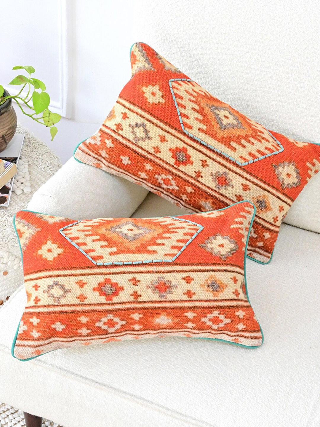 

Art Avenue Orange & Cream-Coloured Geometric Printed Rectangle Cotton Cushion Cover
