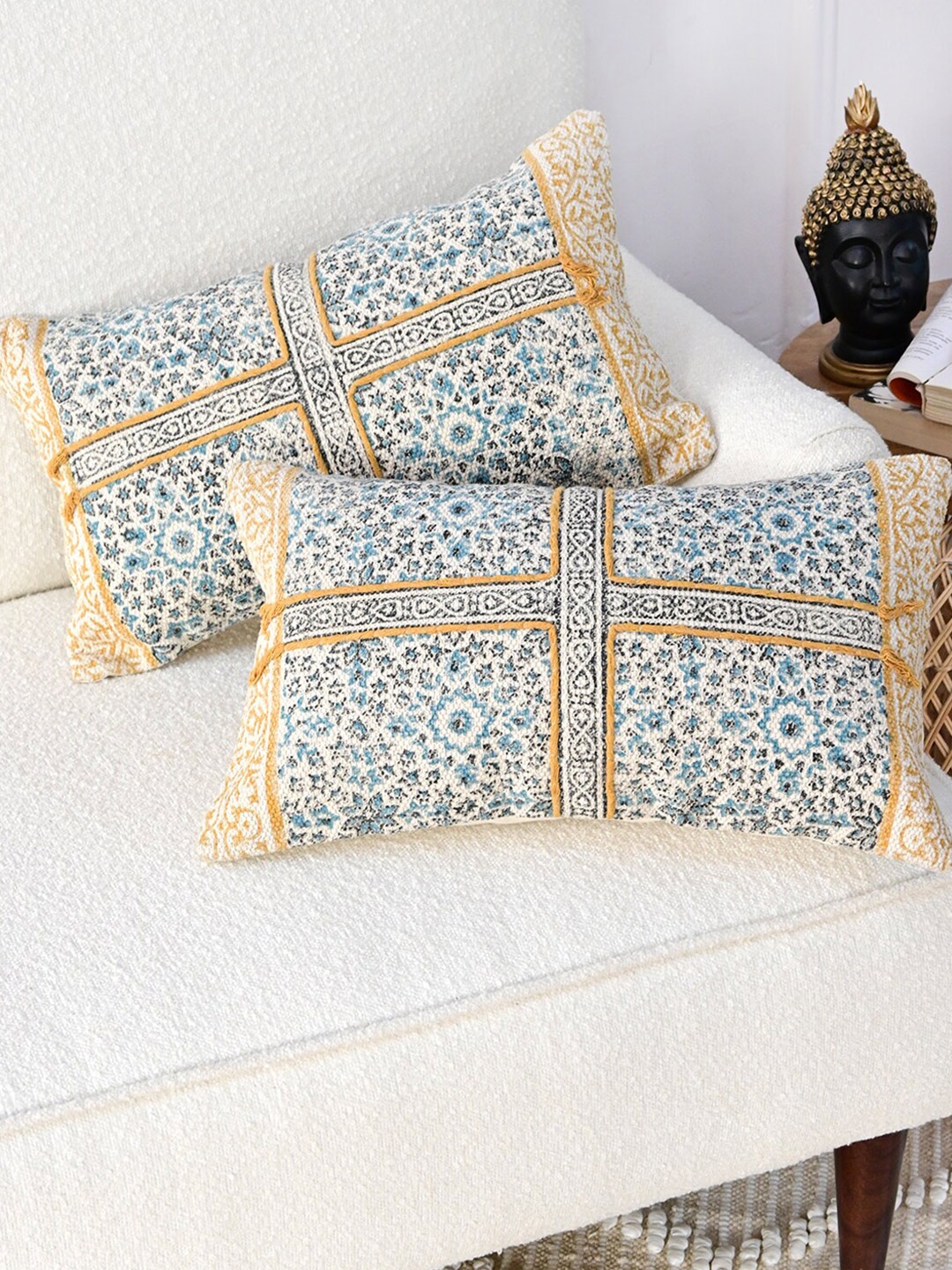 

Art Avenue White & Yellow Ethnic Motifs Rectangle Cotton Cushion Cover