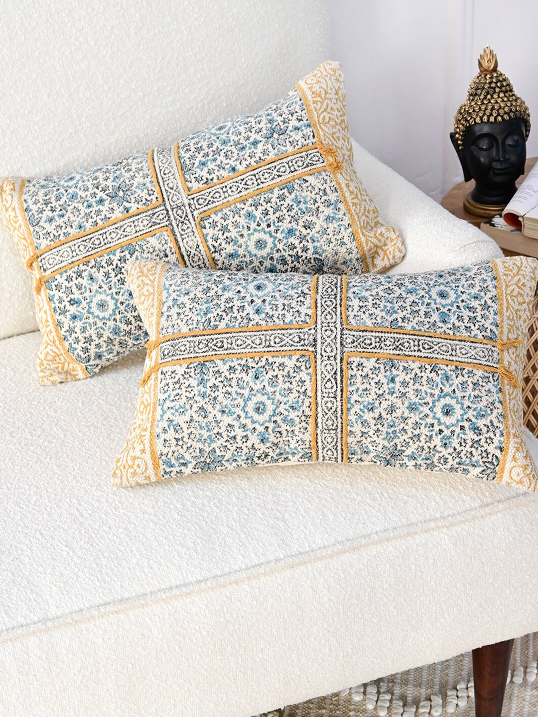 

Art Avenue Cream-Coloured & Yellow Ethnic Motifs Rectangle Cotton Cushion Cover