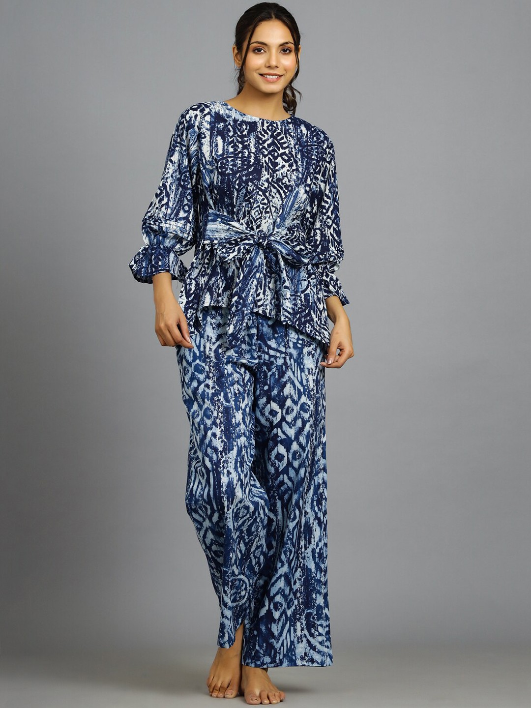 

HANDICRAFT PALACE Abstract Printed Pure Cotton Top With Trousers Co-Ords, Blue