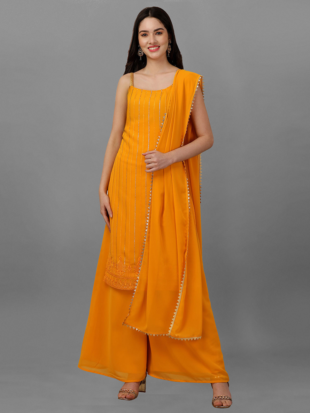 

Nivah Fashion Embroidered Regular Sequinned Kurti With Palazzos & Dupatta, Yellow