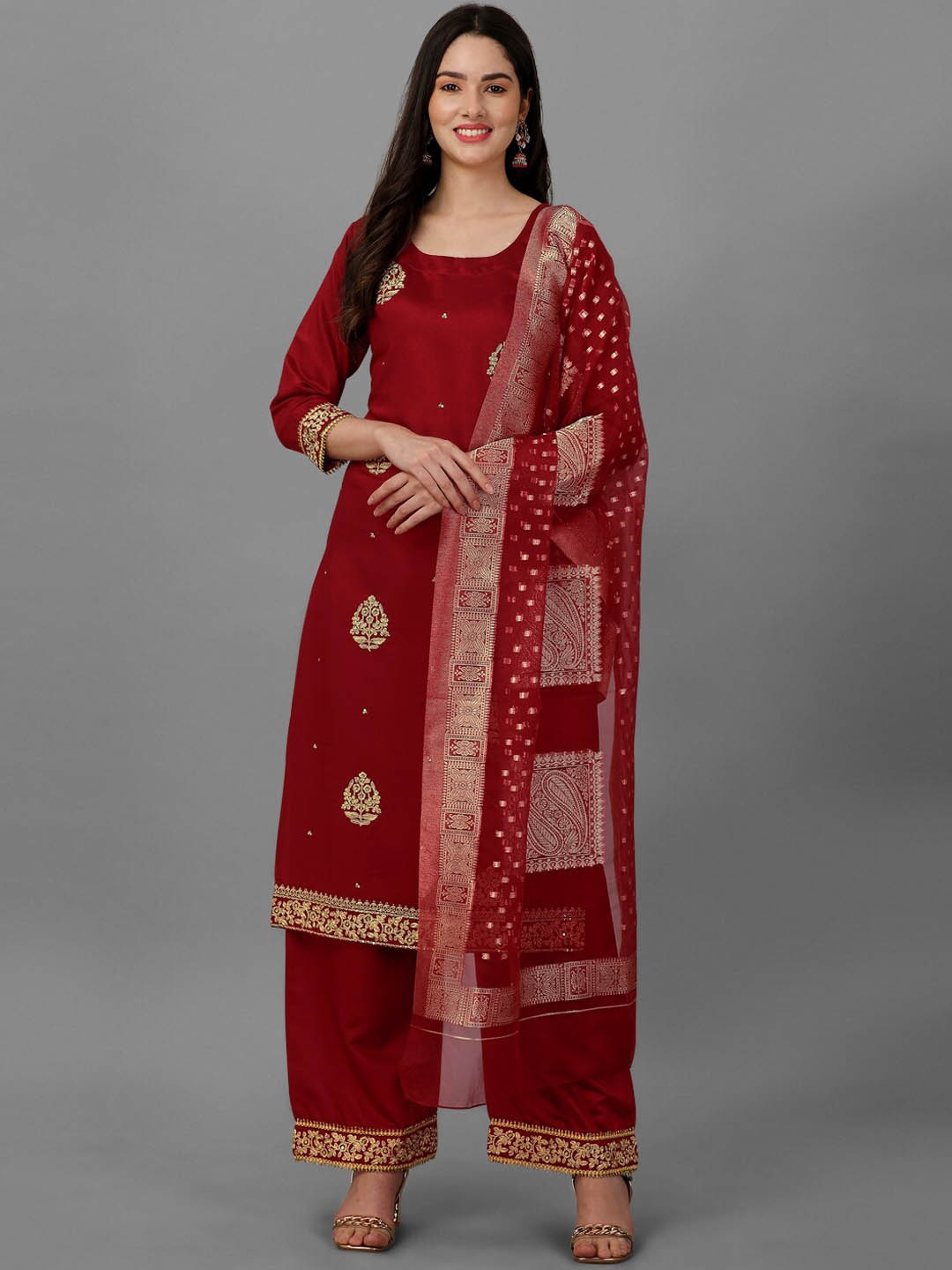

Nivah Fashion Ethnic Motifs Embroidered Regular Kurta With Palazzos & Dupatta, Maroon