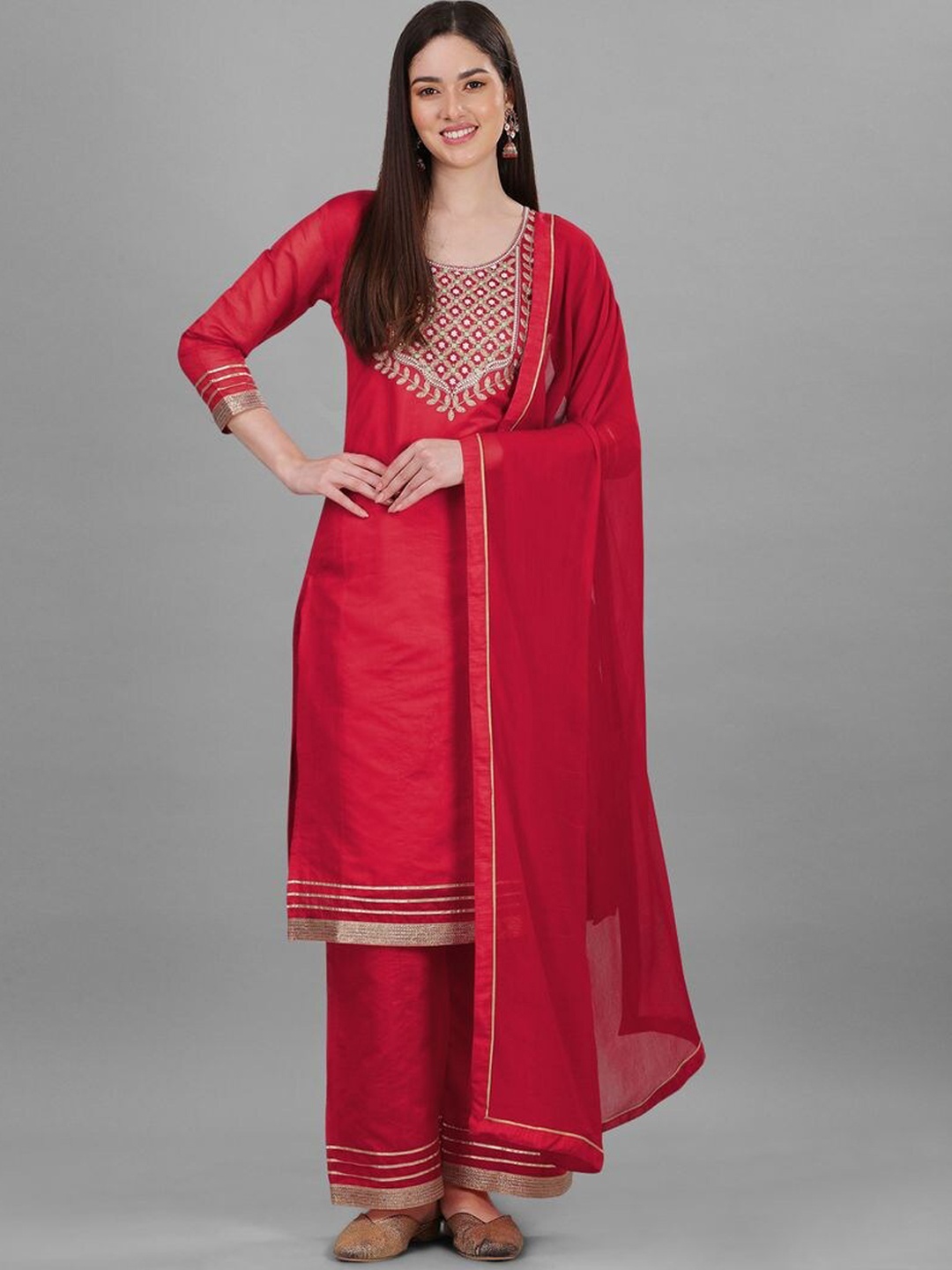 

Nivah Fashion Yoke Design Thread Work Chanderi Silk Kurta With Palazzos & Dupatta, Red