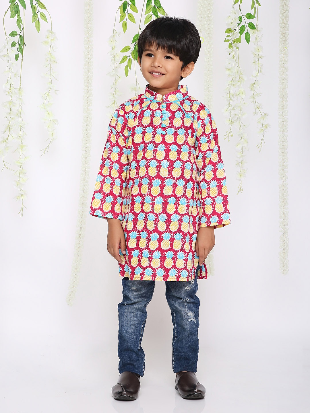 

KID1 Boys Printed Mandarin Collar Pure Cotton Kurta, Pink