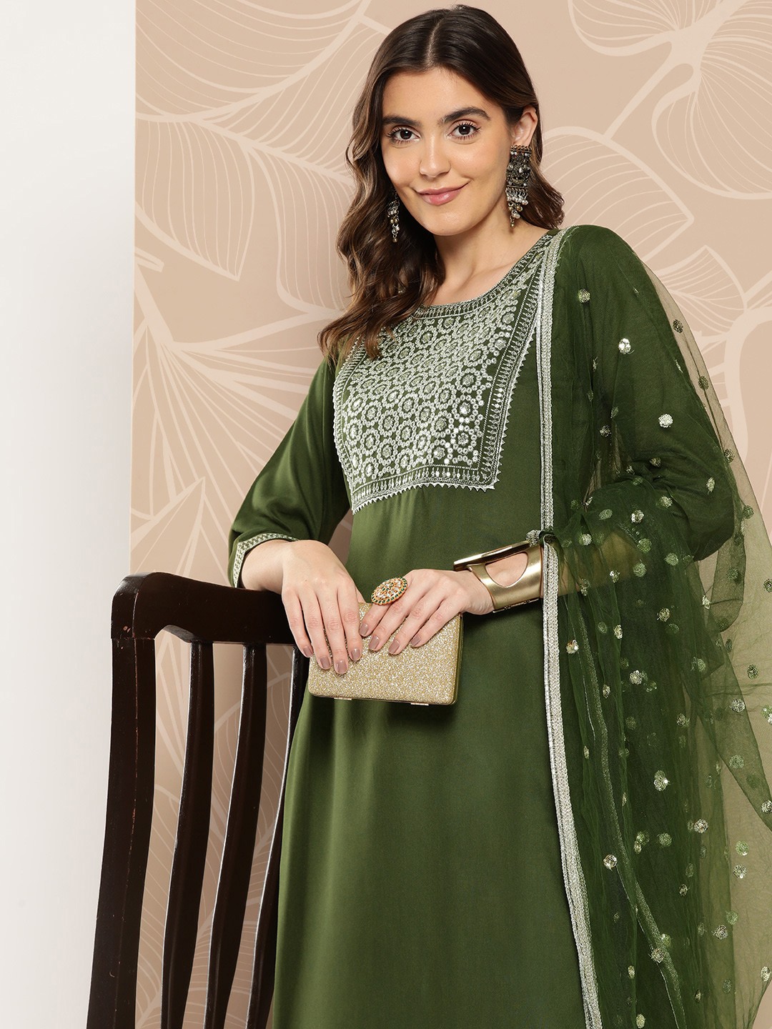 

Nayo Women Ethnic Motifs Printed Regular Sequinned Kurta with Trousers & With Dupatta, Green