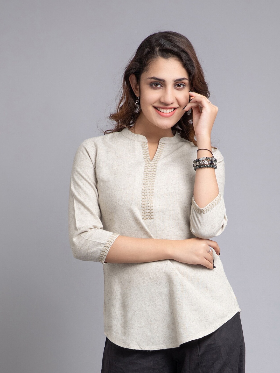 

SUTI Pure Cotton Mandarin Collar Straight Kurti, Beige