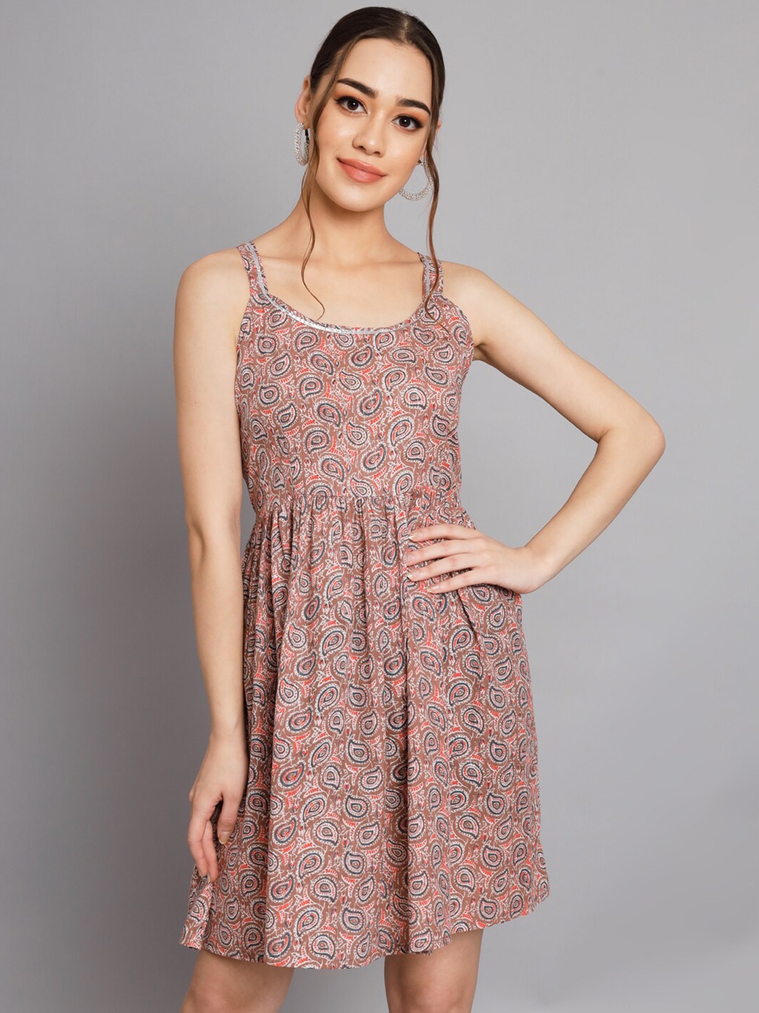 

Silai Bunai Ethnic Motifs Printed Shoulder Straps A-Line Dress, Brown