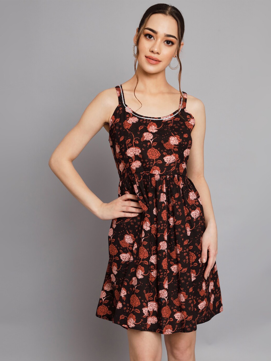 

Silai Bunai Black Floral Print Shoulder Straps Cotton A-Line Dress