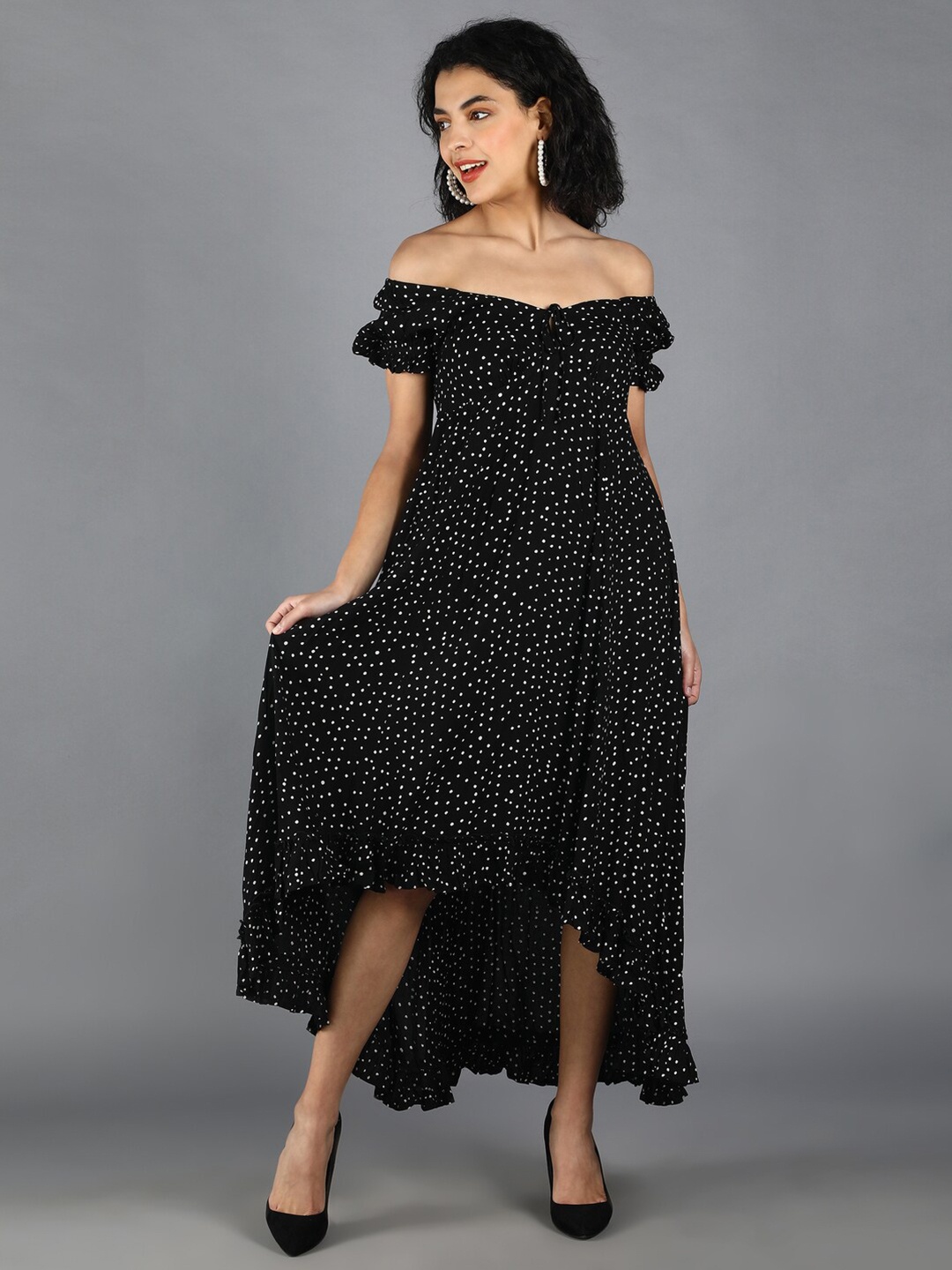 

DEBONATELLA Polka Dot Print Off-Shoulder A-Line Dress, Black