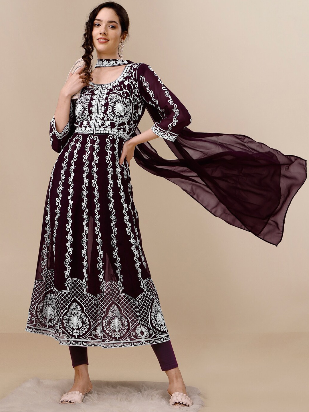 

HERE&NOW Floral Lucknowi Chikankari Embroidered Georgette Anarkali Kurta with Dupatta, Burgundy