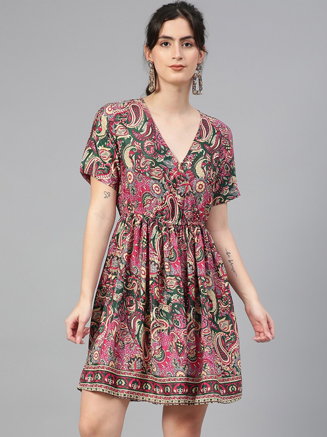 

Kotty Ethnic Motifs Printed V-Neck Fit & Flare Dress, Green