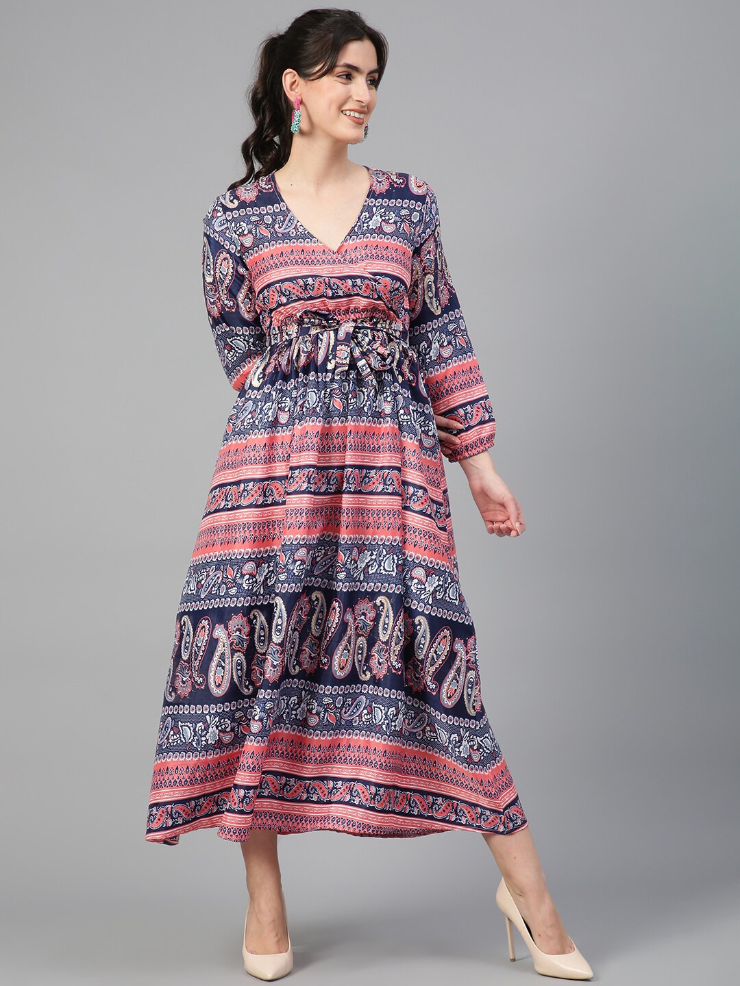 

Kotty Ethnic Motifs Printed Puff Sleeves Fit & Flare Maxi Dress, Pink