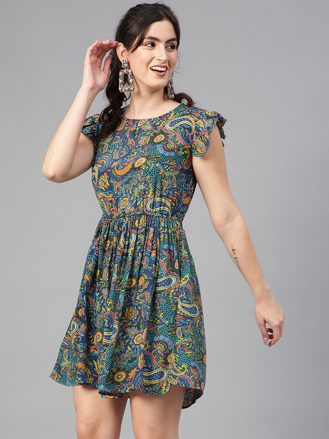 

Kotty Floral Printed Flutter Sleeves Fit & Flare Dress, Blue