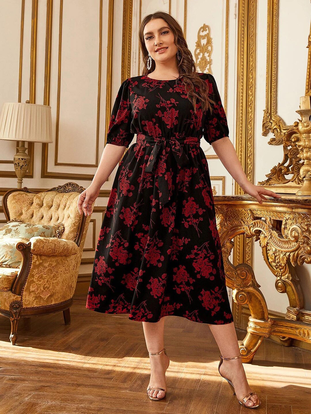 

Kotty Floral Printed Midi Fit & Flare Dress, Black