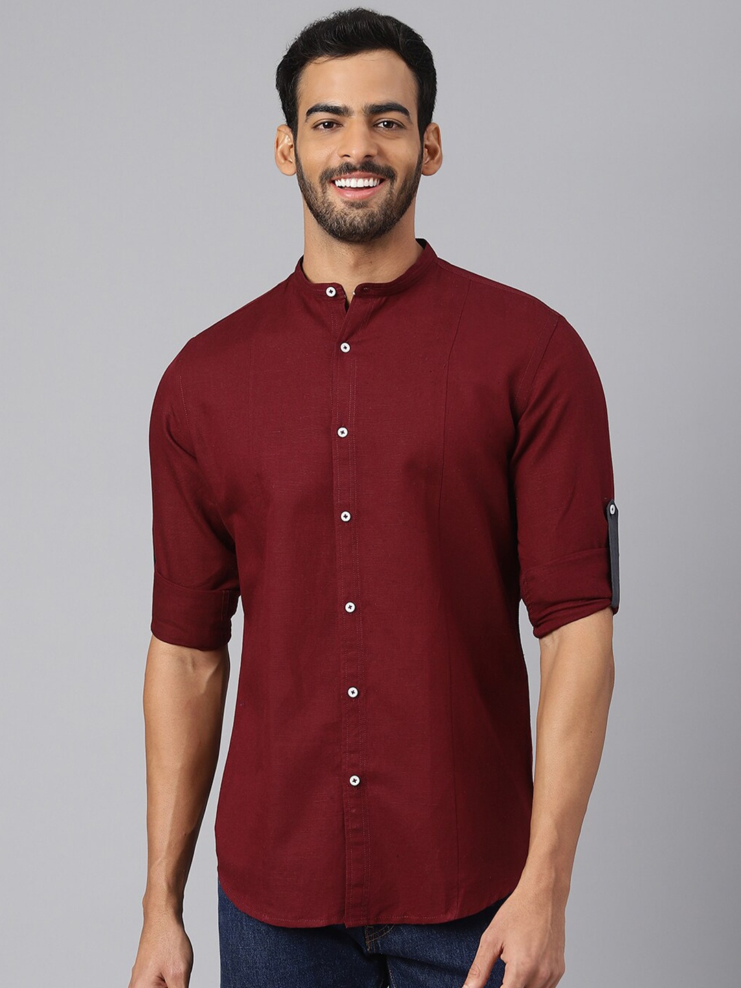 

MR BUTTON Mandarin Collar Slim Fit Cotton Linen Casual Shirt, Maroon