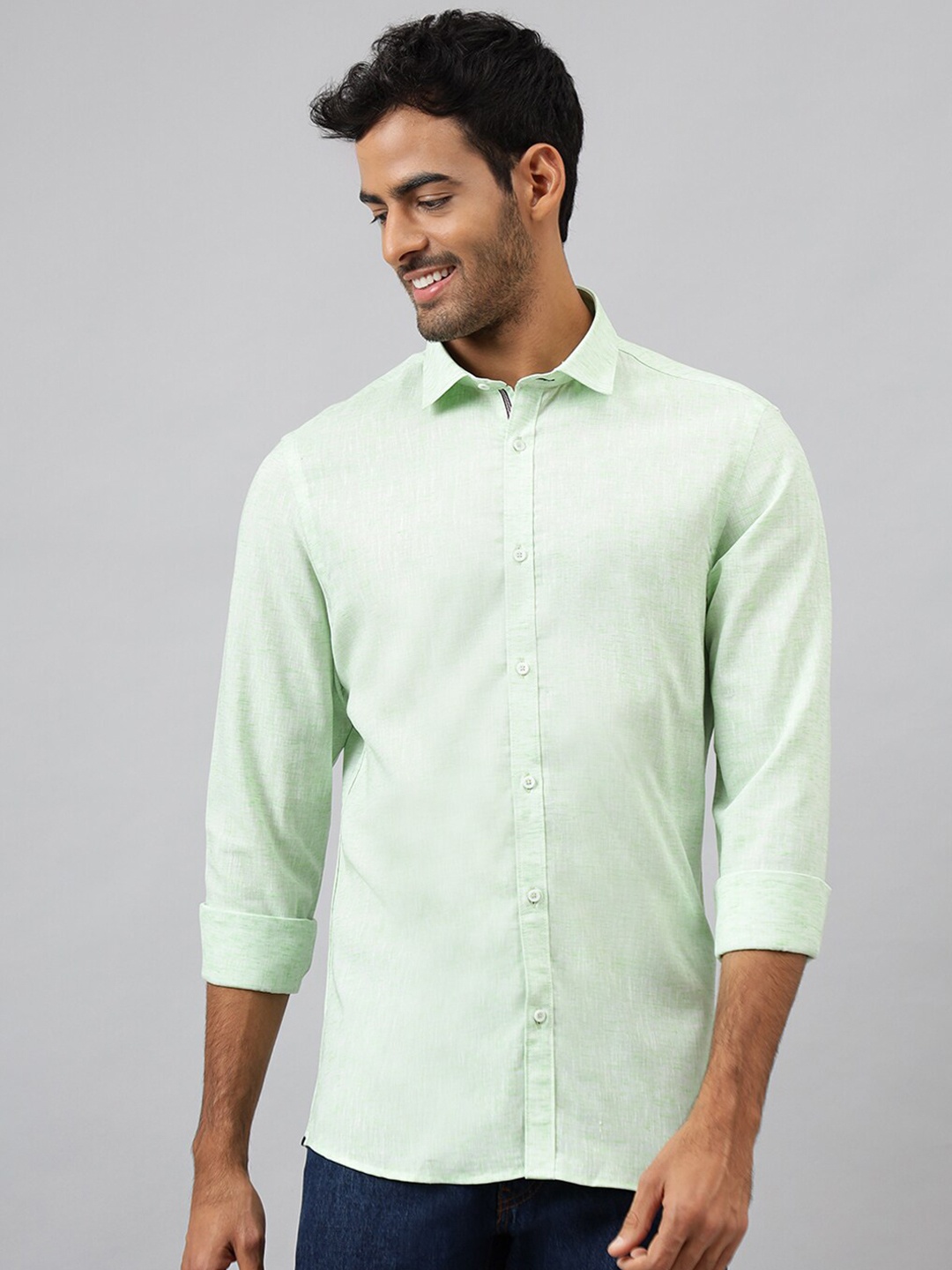 

MR BUTTON Solid Slim Fit Cotton Linen Casual Shirt, Green