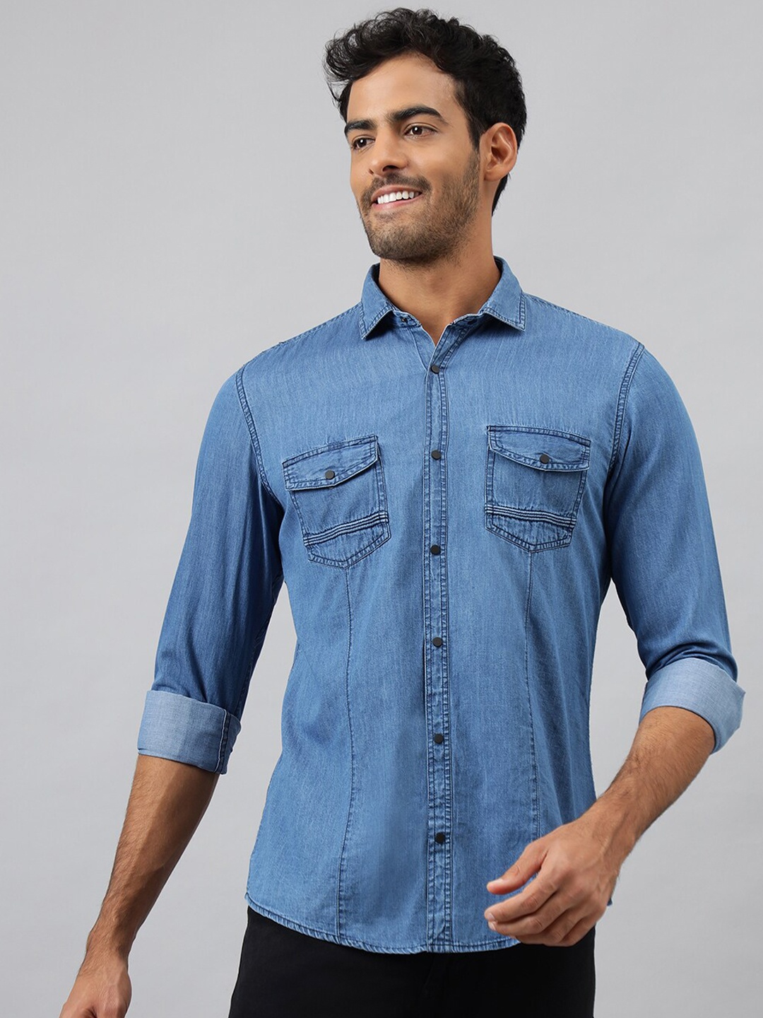 

MR BUTTON Solid Slim Fit Cotton Casual Shirt, Blue