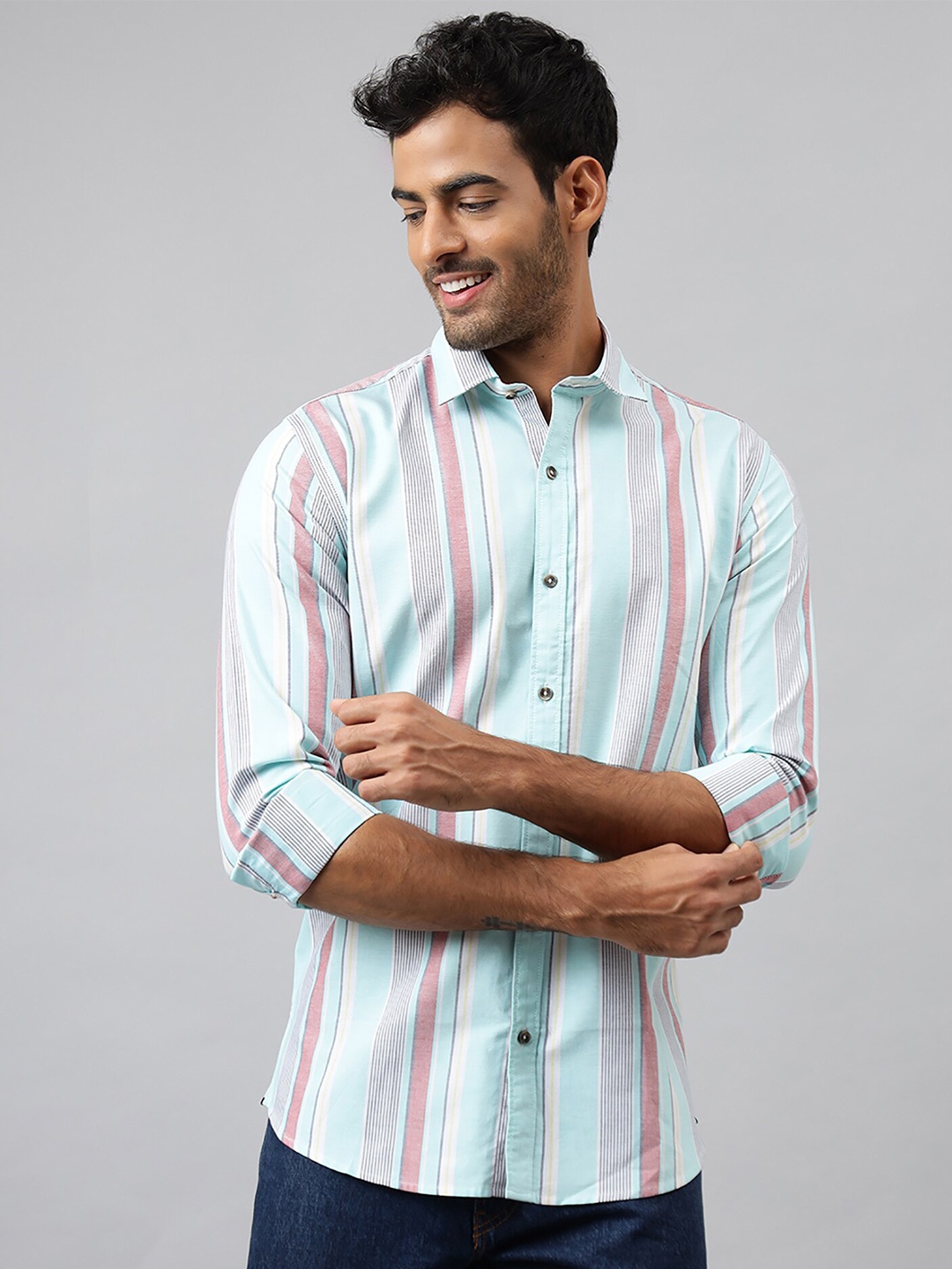 

MR BUTTON Slim Fit Striped Cotton Casual Shirt, Green