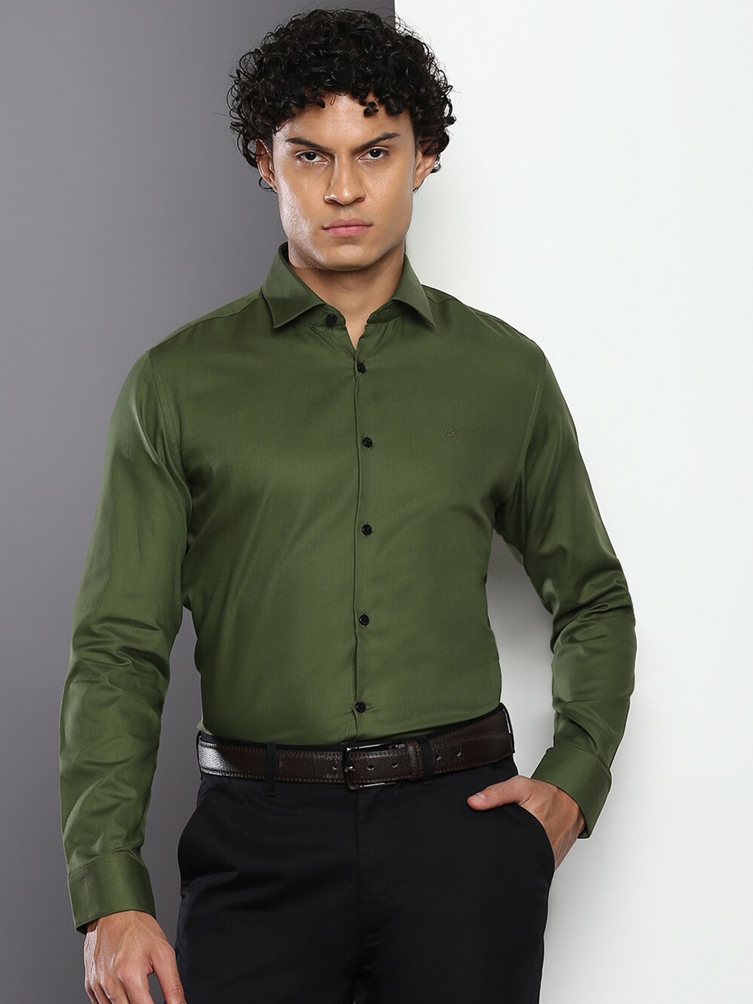 

Calvin Klein Jeans Slim Fit Spread Collar Pure Cotton Formal Shirt, Olive