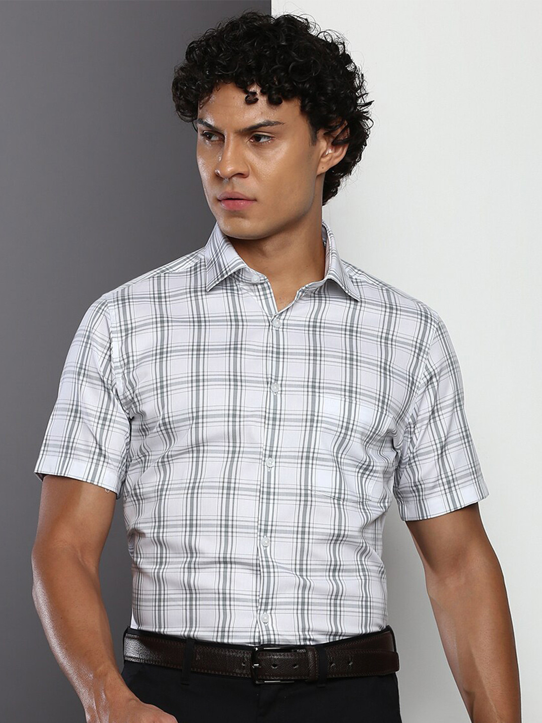

Calvin Klein Jeans Slim Fit Checked Spread Collar Pure Cotton Shirt, White