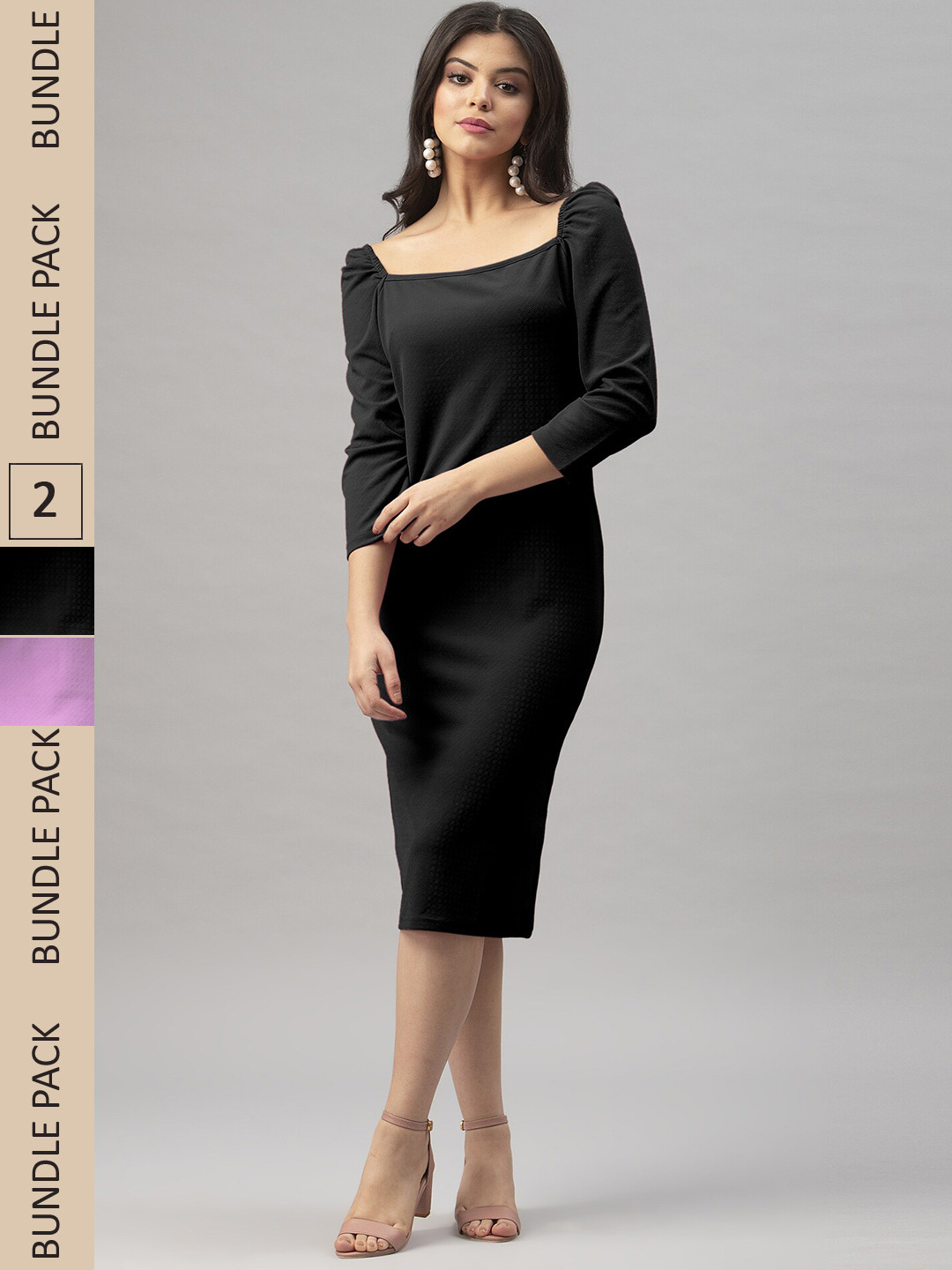 

Selvia Pach of 2 Square Neck Sheath Midi Dress, Black