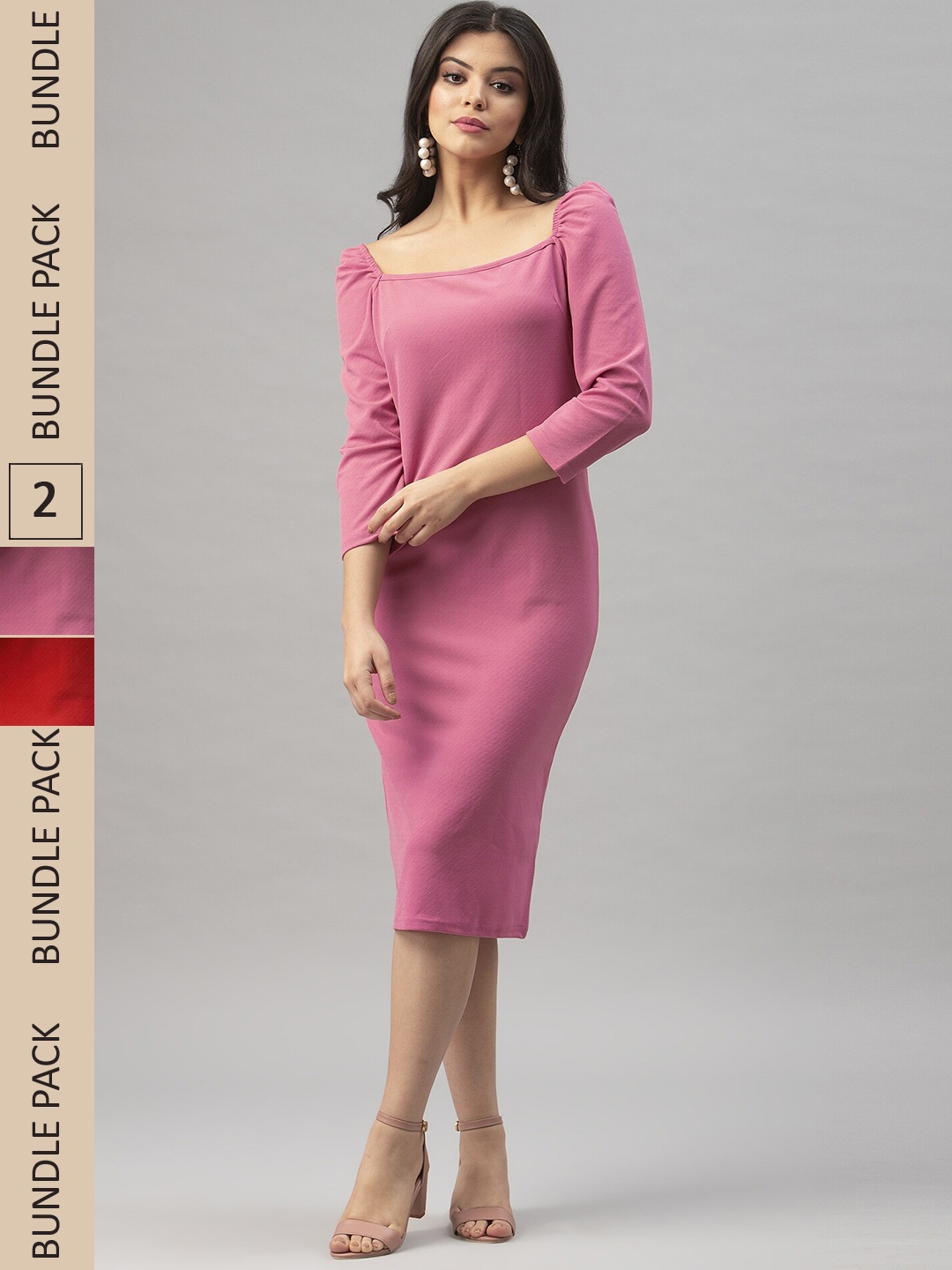 

Selvia Pack Of 2 Square Neck Sheath Midi Dresses, Pink