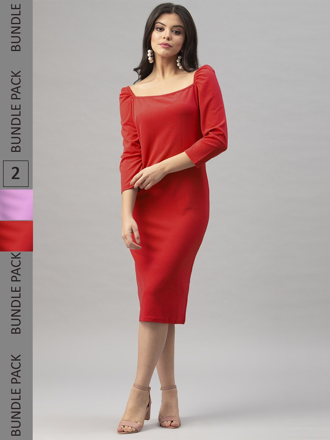 

Selvia Pack Of 2 Puff Sleeves Sheath Midi Dress, Red