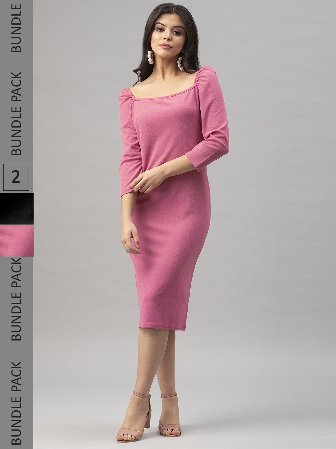 

Selvia Pack Of 2 Puff Sleeves Sheath Midi Dress, Pink