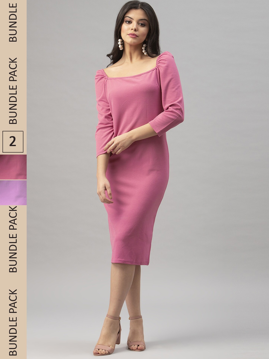 

Selvia Pack Of 2 Square Neck Sheath Midi Dress, Pink