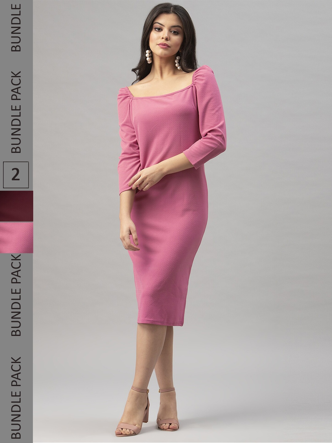 

Selvia Pack Of 2 Puff Sleeves Sheath Midi Dress, Pink