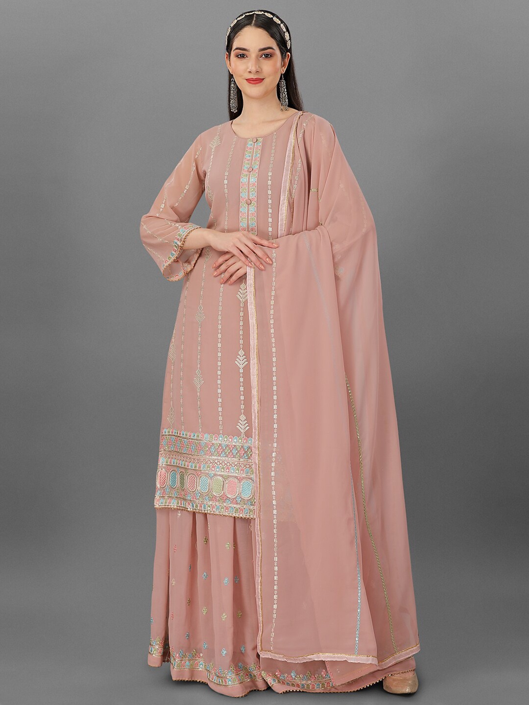 

Angroop Ethnic Motifs Embellished Semi-Stitched Dress Material, Peach