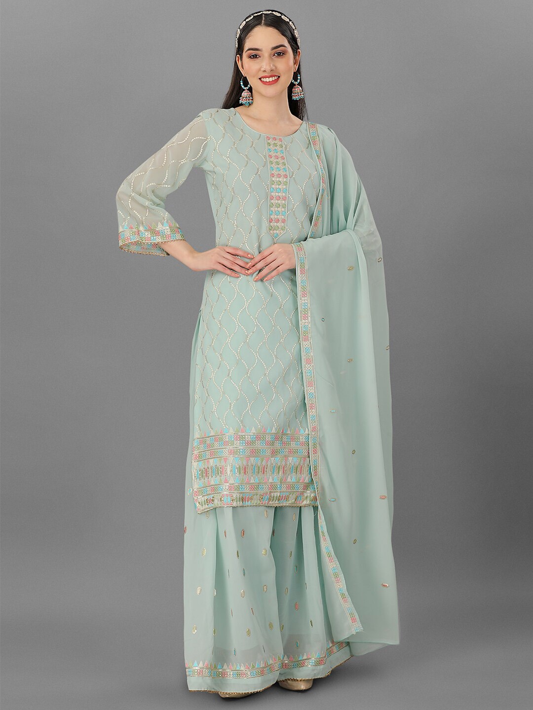 

Angroop Ethnic Motifs Embellished Semi-Stitched Dress Material, Turquoise blue