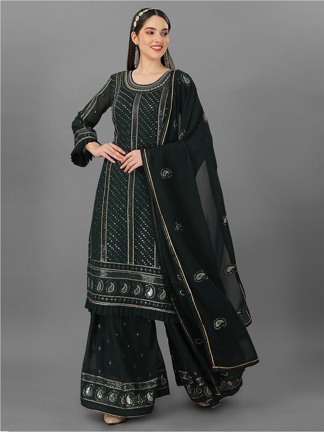 

Angroop Ethnic Motifs Embellished Semi-Stitched Dress Material, Green