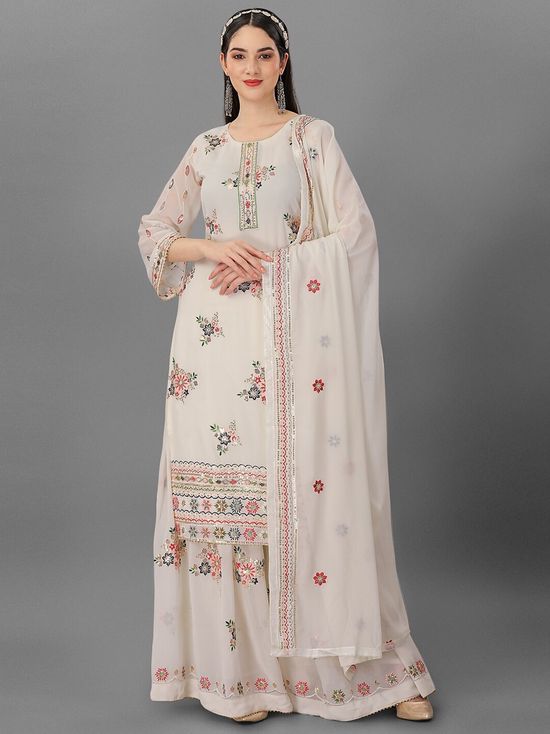 

Angroop Floral Embroidered Semi-Stitched Dress Material, White