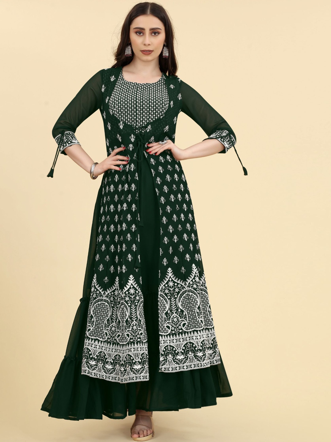 

KALINI Embroidered Georgette Layered Ethnic Maxi Dress, Green