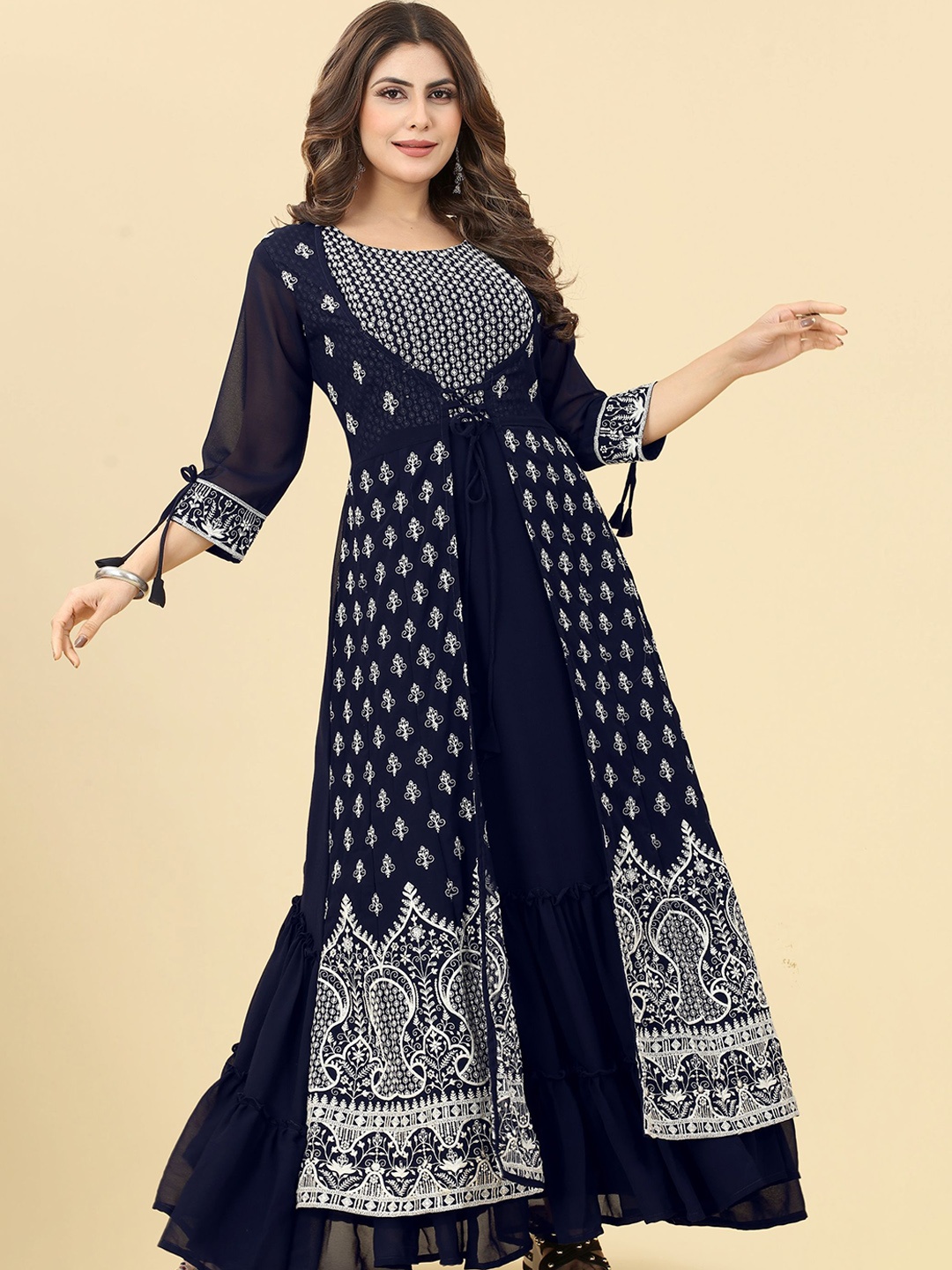 

KALINI Ethnic Motif Embroidered Ethnic Maxi Georgette Dress, Navy blue