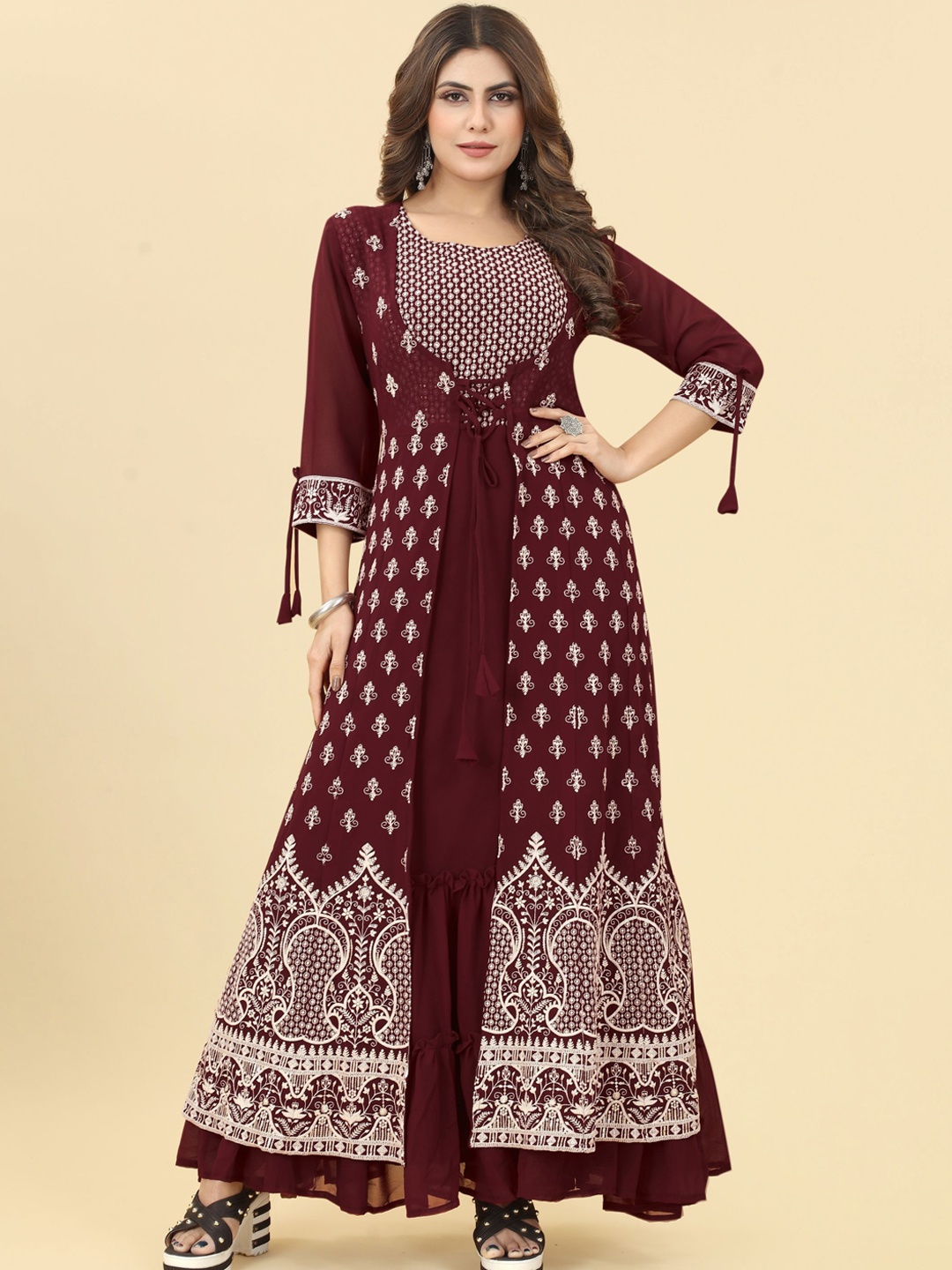 

KALINI Ethnic Motif Embroidered Ethnic Maxi Georgette Dress, Maroon