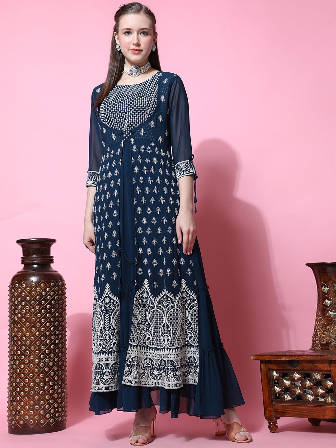 

KALINI Ethnic Motif Embroidered Ethnic Maxi Georgette Dress, Navy blue