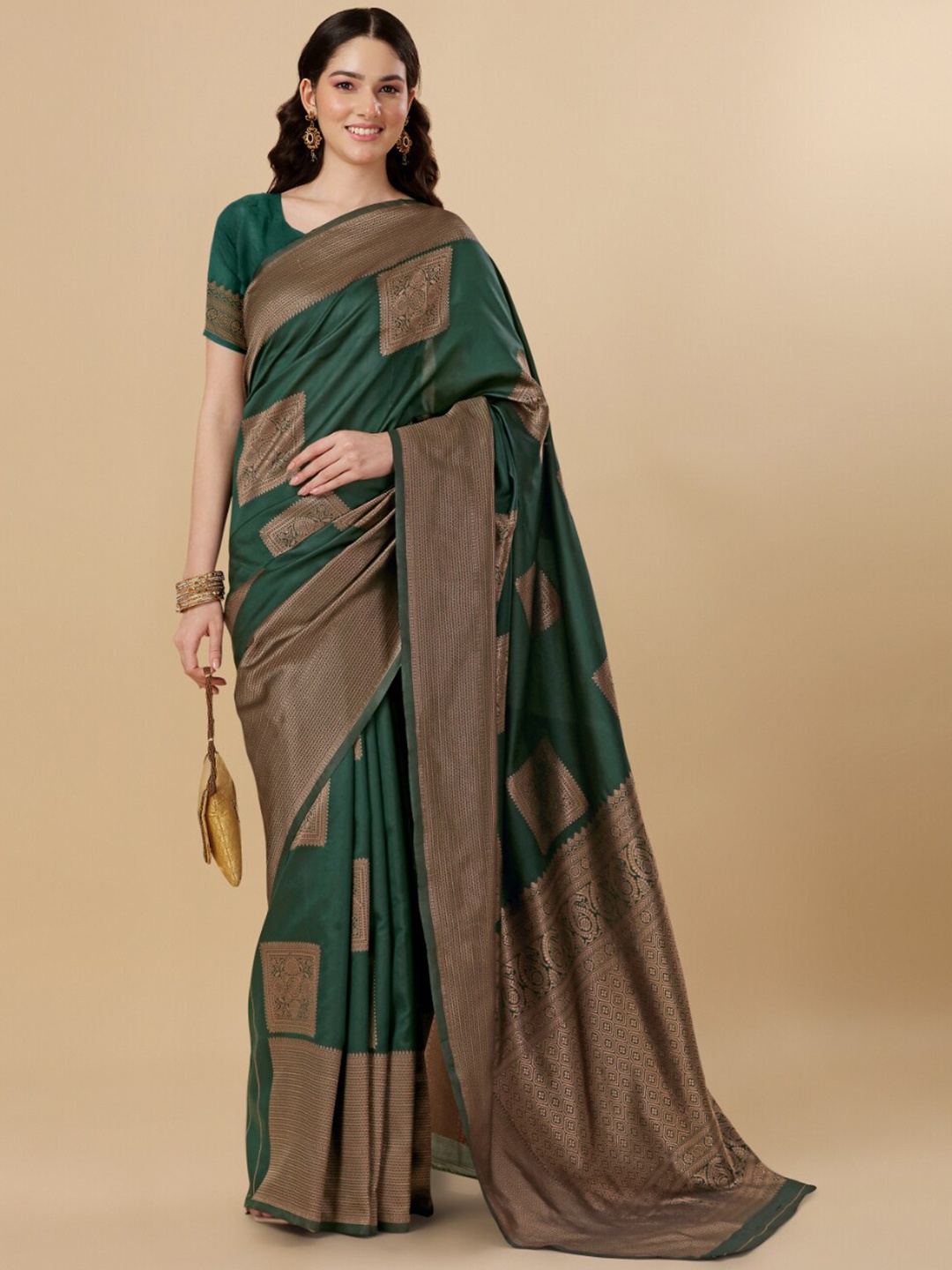 

Wuxi Ethnic Motif Woven Design Zari Pure Silk Banarasi Saree, Green