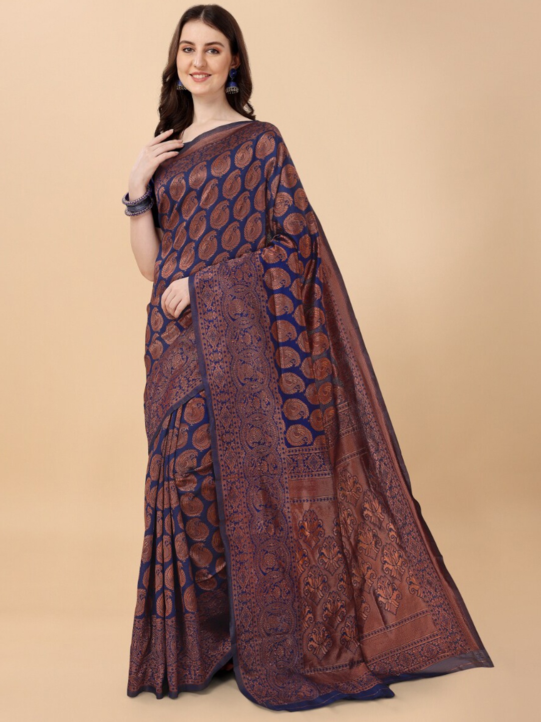 

Wuxi Paisley Woven Design Zari Pure Silk Banarasi Saree, Navy blue