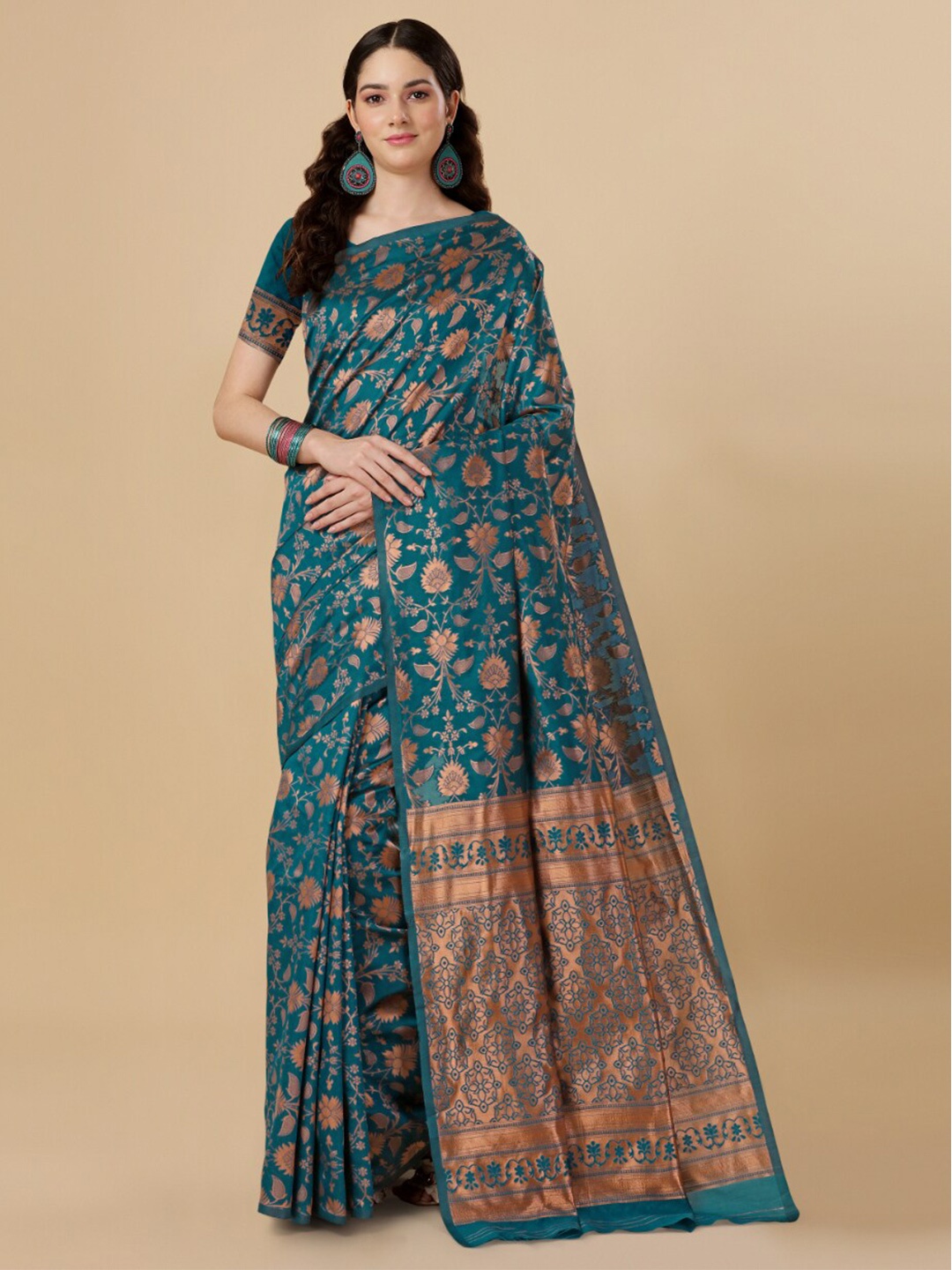 

Wuxi Floral Woven Design Zari Pure Silk Banarasi Saree, Teal