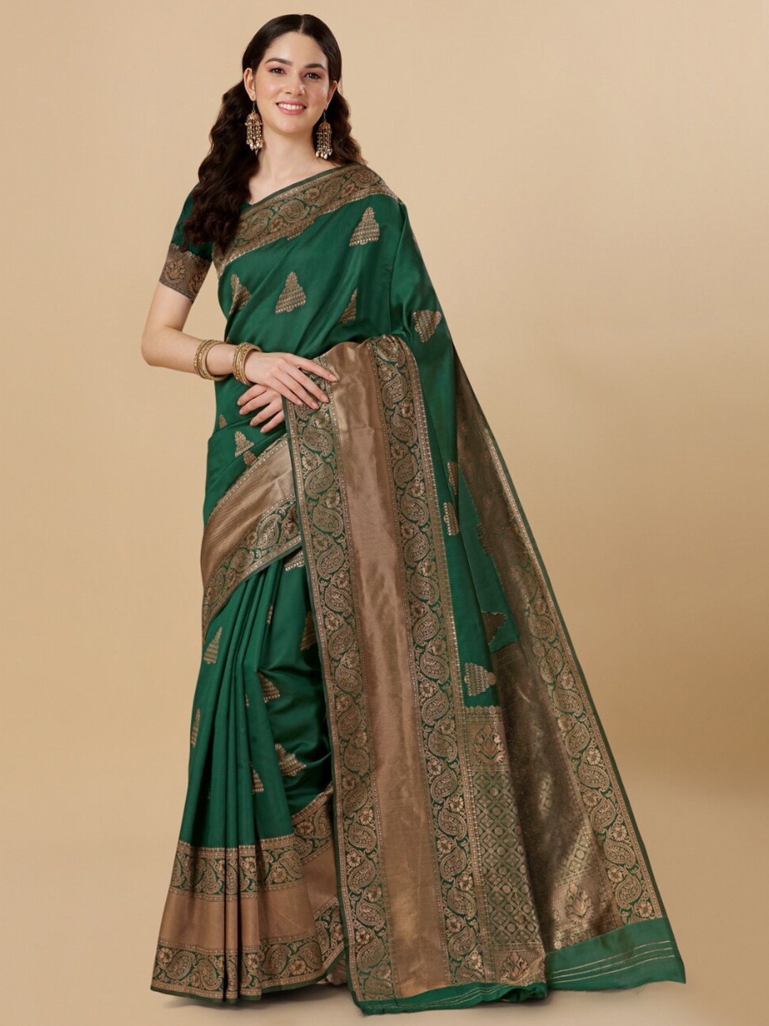

Wuxi Ethnic Motif Woven Design Zari Pure Silk Banarasi Saree, Green