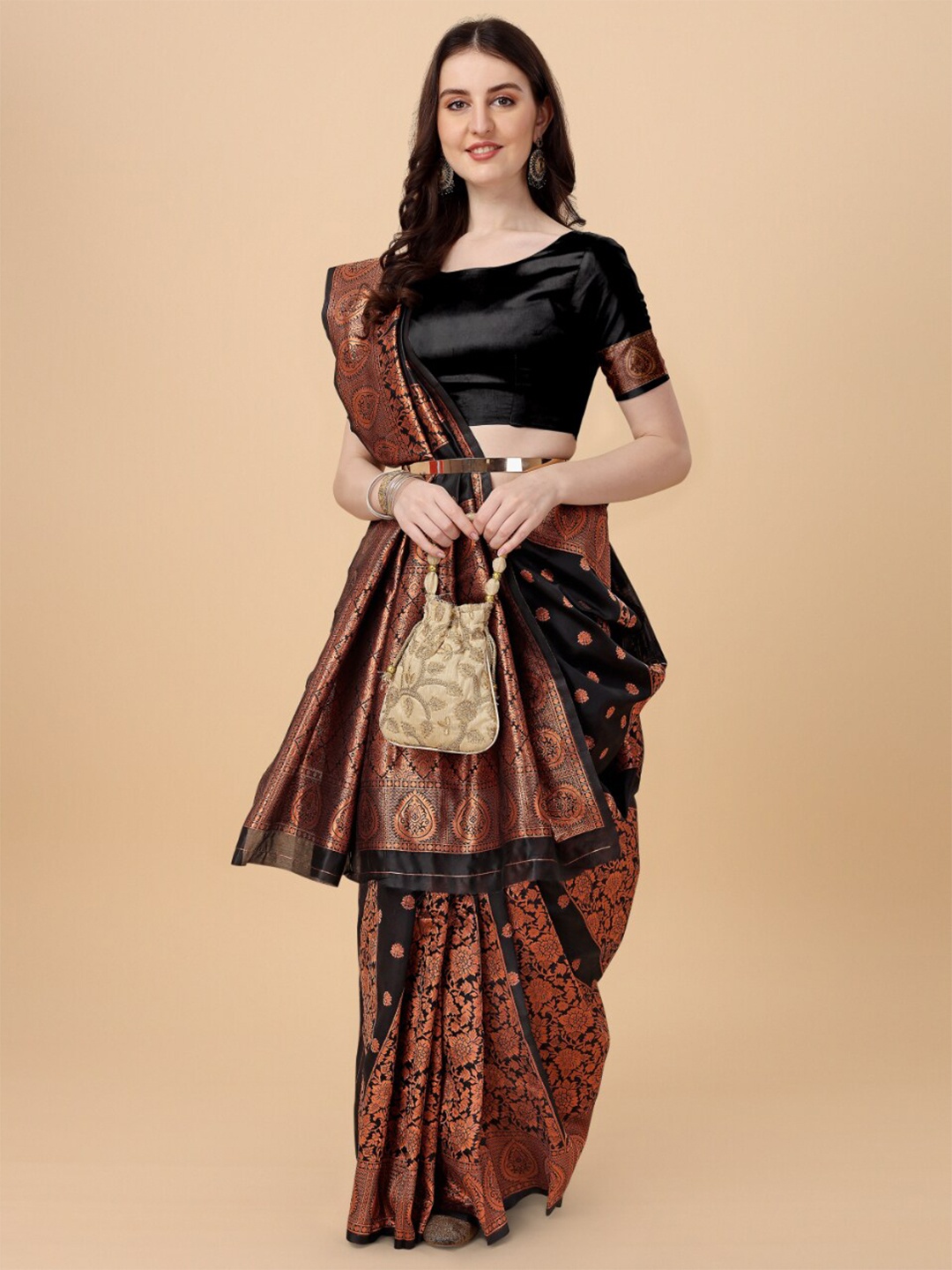 

Wuxi Ethnic Motif Woven Design Zari Pure Silk Banarasi Saree, Black