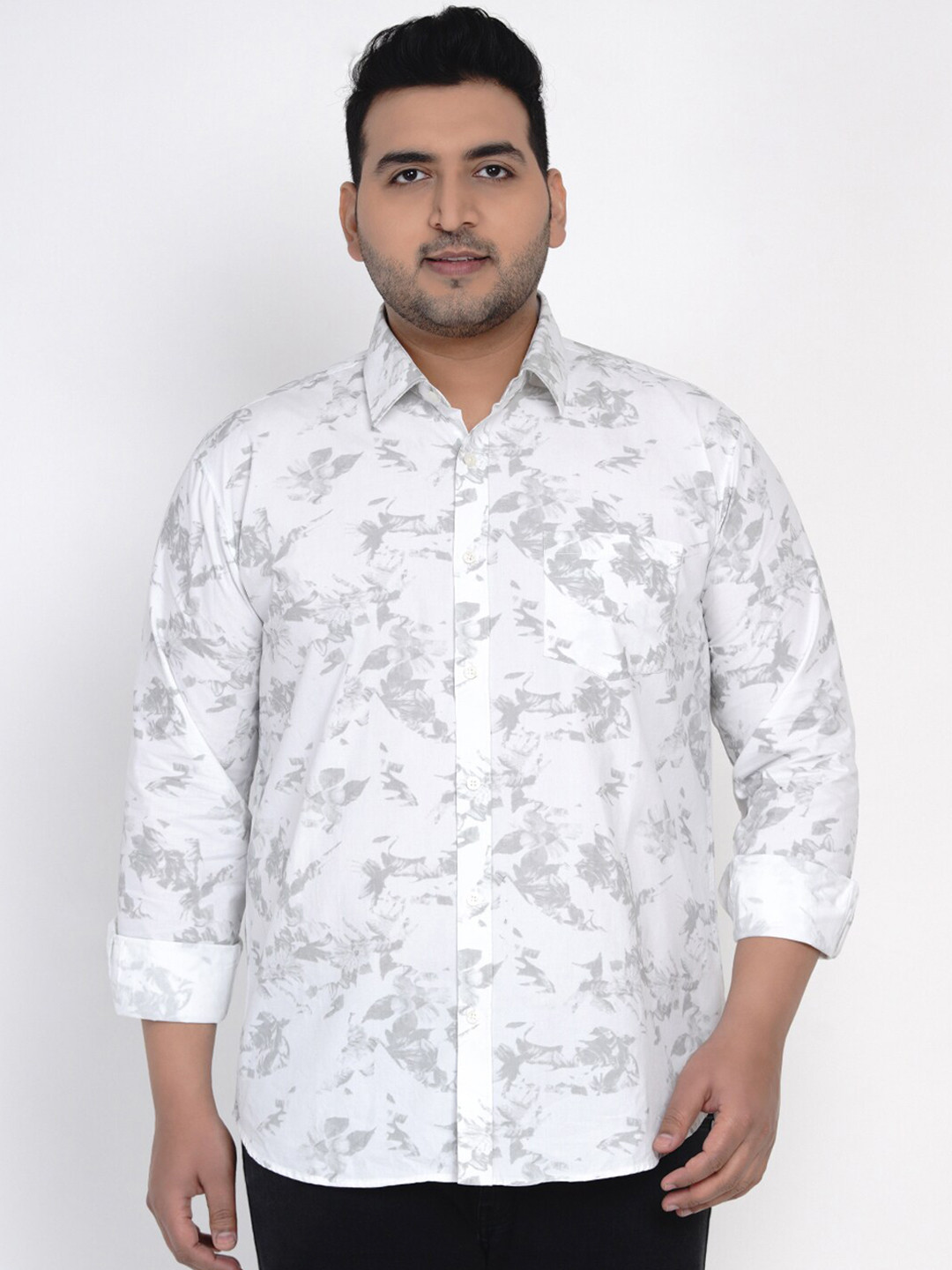 

John Pride Plus Size Floral Printed Long Sleeves Cotton Casual Shirt, White