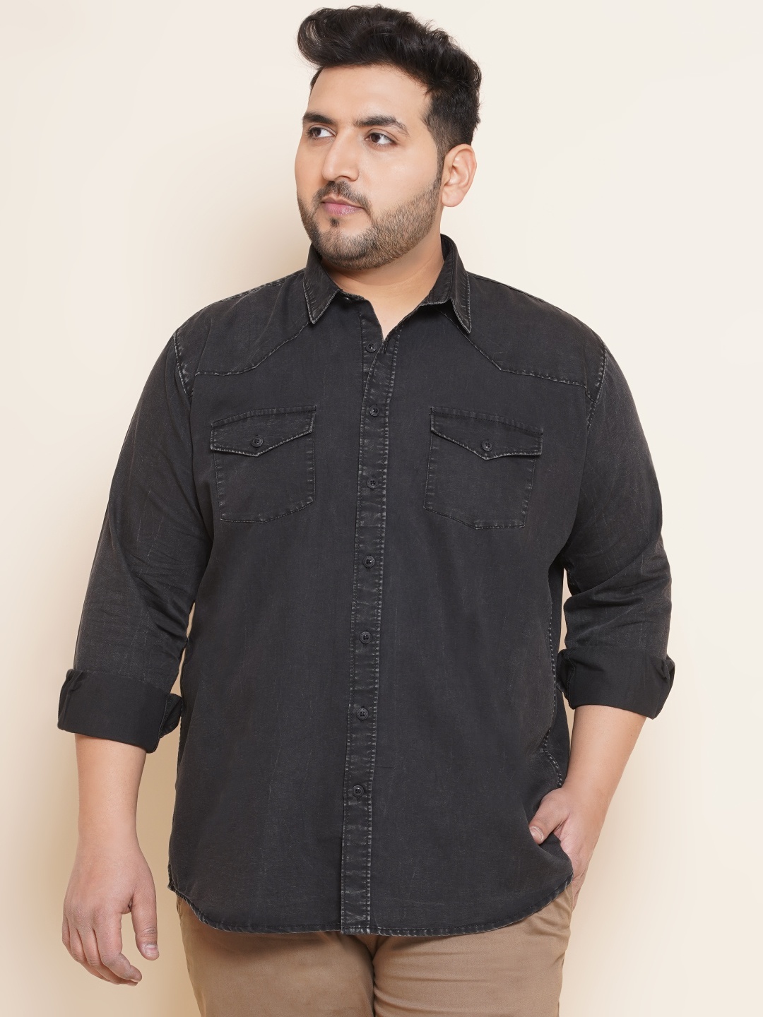 

John Pride Plus Size Long Sleeves Faded Denim Cotton Casual Shirt, Charcoal