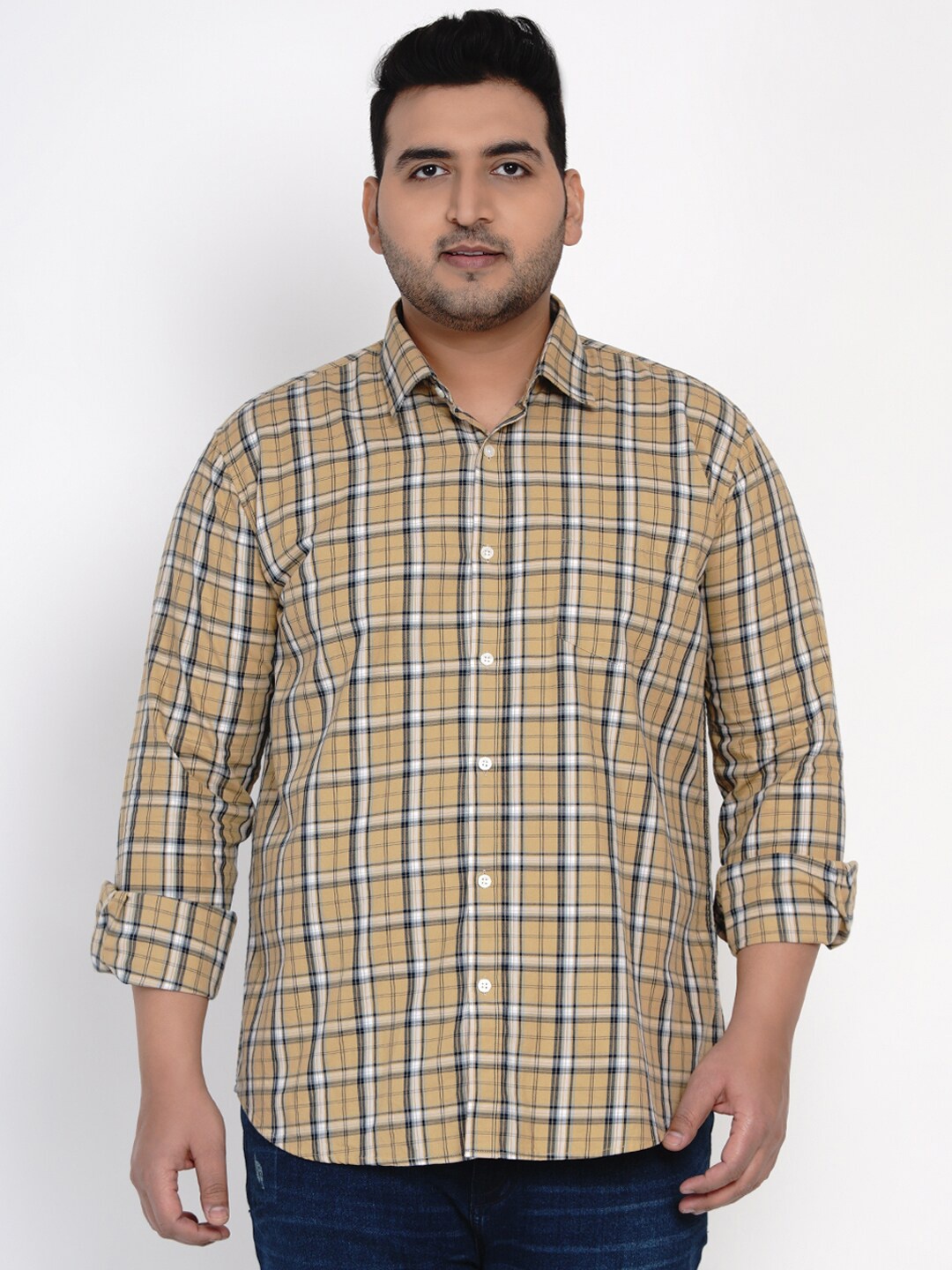 

John Pride Plus Size Checked Long Sleeves Cotton Casual Shirt, Mustard